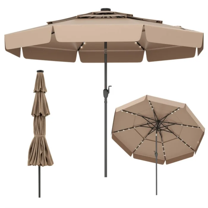 10 foot taupe terrace umbrella with solar powered LED lights and multi-layered ventilated roof ﻿ 60207818