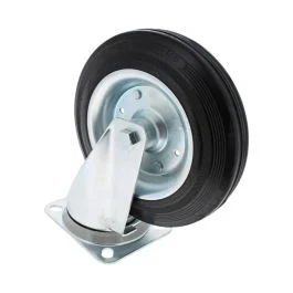 200mm Dia C/Rubber Tyre Castor, P/Steel Ctr, Roller Bearing Rectangle Plate