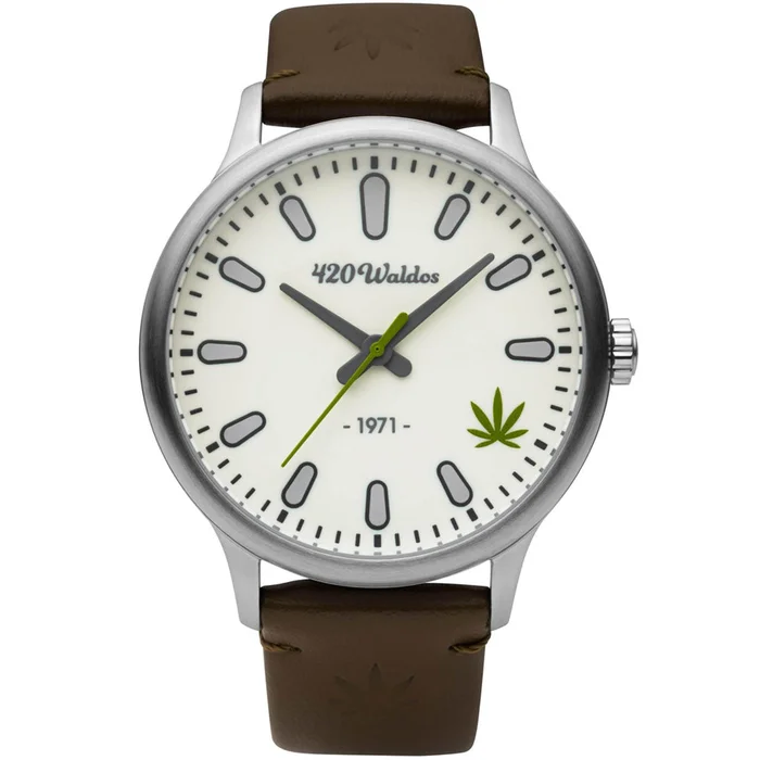 420Waldos Men’s Watch – Bud Stainless Steel Case Ivory Dial Dark Brown Strap | W1007