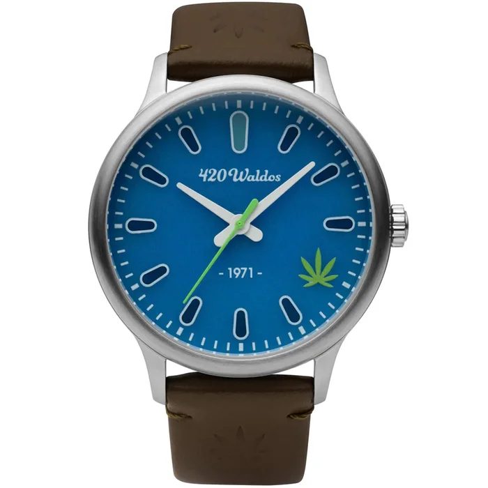 420Waldos Men’s Watch – Bud Steel Case Blue Dial Dark Brown Leather Strap | W1004