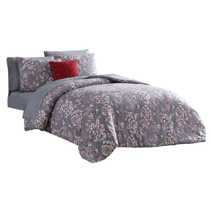 Benjara Tyler 8- Piece Gray Floral Print Microfiber Queen Bed Comforter Set
