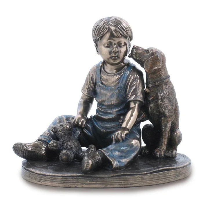 Bronze Resin Boy With Dog Figurine