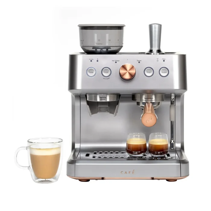 Café – Bellissimo Semi-Automatic Espresso Machine with 15 bars of pressure, Milk Frother, and Built-In Wi-Fi – Steel Silver