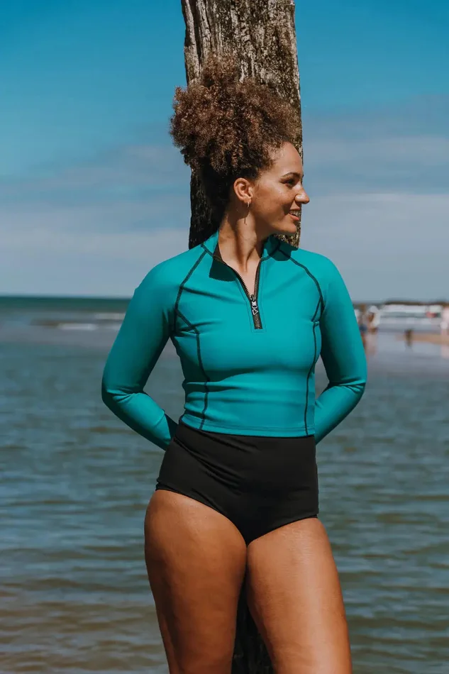 Davy J – The Bonded Long Sleeve Swim Top – Ocean Green/Black