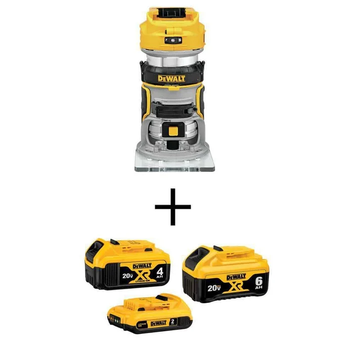 DEWALT 20V MAX XR Cordless Compact Fixed Base Router, (1) 20V 6.0Ah Battery, (1) 20V 4.0Ah Battery, and (1) 2.0Ah Battery