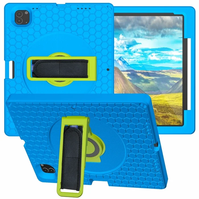 For iPad Pro 12.9 inch 2019 / 2021 / 2022 360 Rotation Stand EVA Hard PC Tablet Case with Strap(Blue+Green)