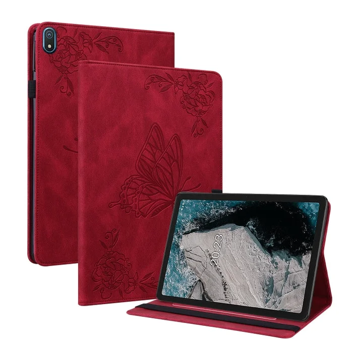For Nokia T20 Butterfly Flower Embossed Leather Tablet Case(Red)