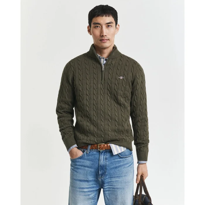Gant Cotton Cable Knit Half-Zip Sweater In Khaki Green Melange