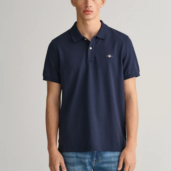 GANT Regular Fit Shield Piqué Polo Shirt in Evening Blue