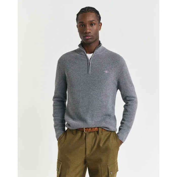 Gant Ribbed Cotton Merino Wool Half-Zip Sweater In Dark Grey Melange