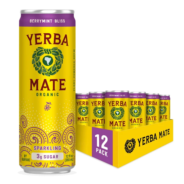 Guayakí Yerba Mate, Organic Sparkling Energy Drink Alternative, Berrymint Bliss, 15.5 Oz (Pack of 12) (Packaging May Vary)