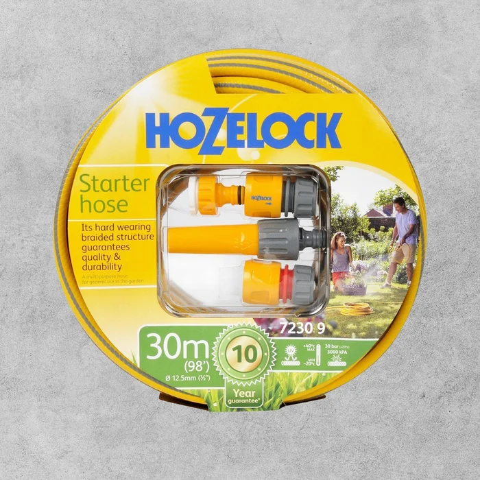 Hozelock 7230 9 Starter Hose 30m with Starter Set of Fittings & Spray