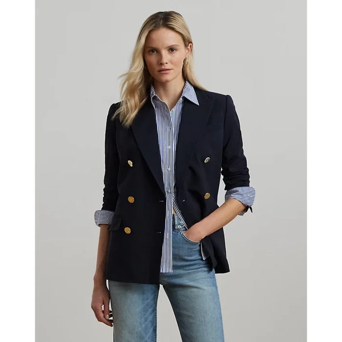 Lauren Ralph Lauren Double-Breasted Wool Crepe Blazer In Navy