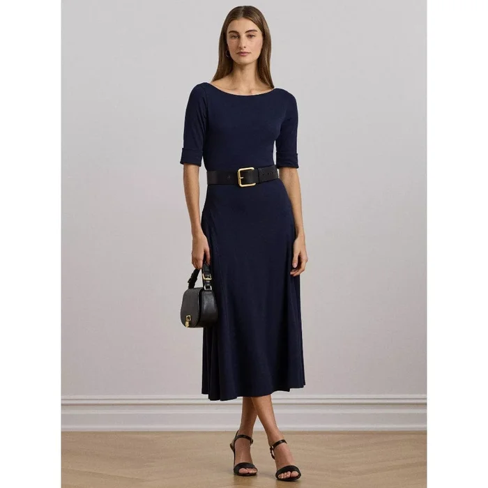 Lauren Ralph Lauren Munzie Rib Knit Stretch Cotton Midi Dress In Lighthouse Navy