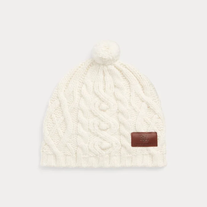 Lauren Ralph Lauren Pom-Pom Wool-Blend Cable-Knit Beanie in Cream