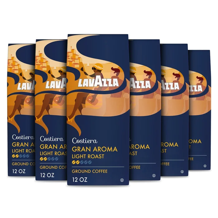 Lavazza Costiera Gran Aroma Ground Coffee 6 Bags of 12oz, Light Roast, Smooth and Aromatic Taste, Package May Vary