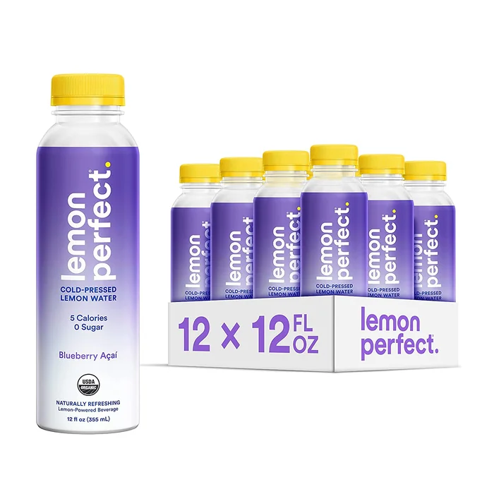 Lemon Perfect, Organic Cold-Pressed Lemon Water, Squeezed from Real Fruit, Flavored Water, Sugar-Free, Keto Certified, No Artificial Ingredients, Blueberry Açaí (12-Pack)