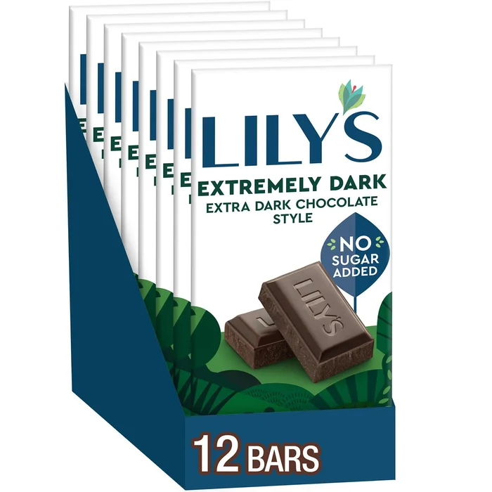 LILY’S Extremely Dark Extra Dark Chocolate Style No Sugar Added, Sweets Bars, 2.8 oz (12 Count)