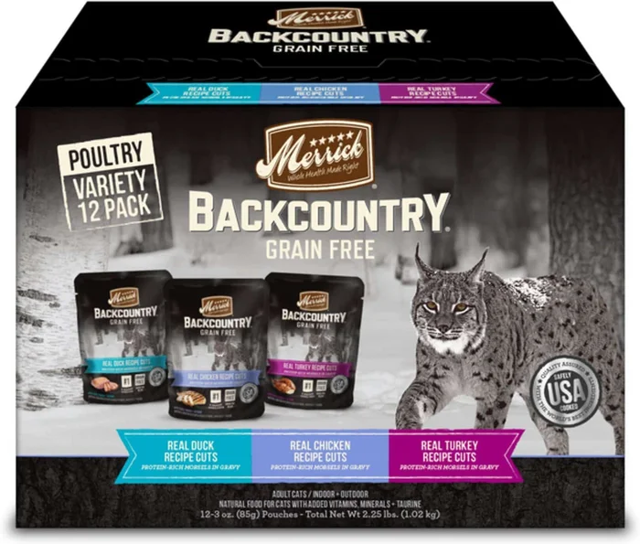 Merrick Backcountry Grain-Free Morsels in Gravy Real Duck, Chicken, Turkey Recipe Cuts Variety Pack Cat Food Pouches