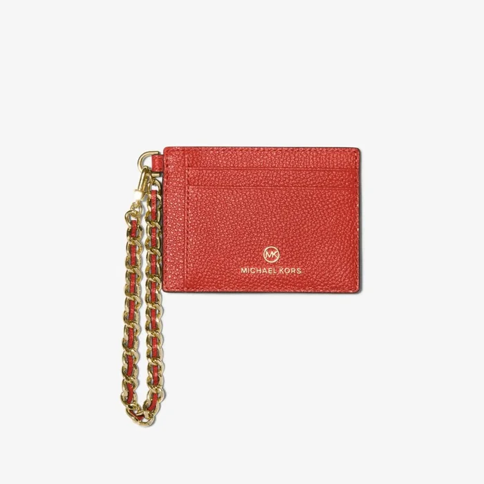 Michael Kors Small Pebbled Leather Chain Card Case in Br Terrectta