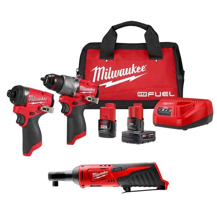 Milwaukee 3497-22-2457-20 M12 FUEL 12-Volt Li-Ion Brushless Cordless Hammer Drill and Impact Driver Combo Kit (2-Tool) with M12 3/8 in. Ratchet