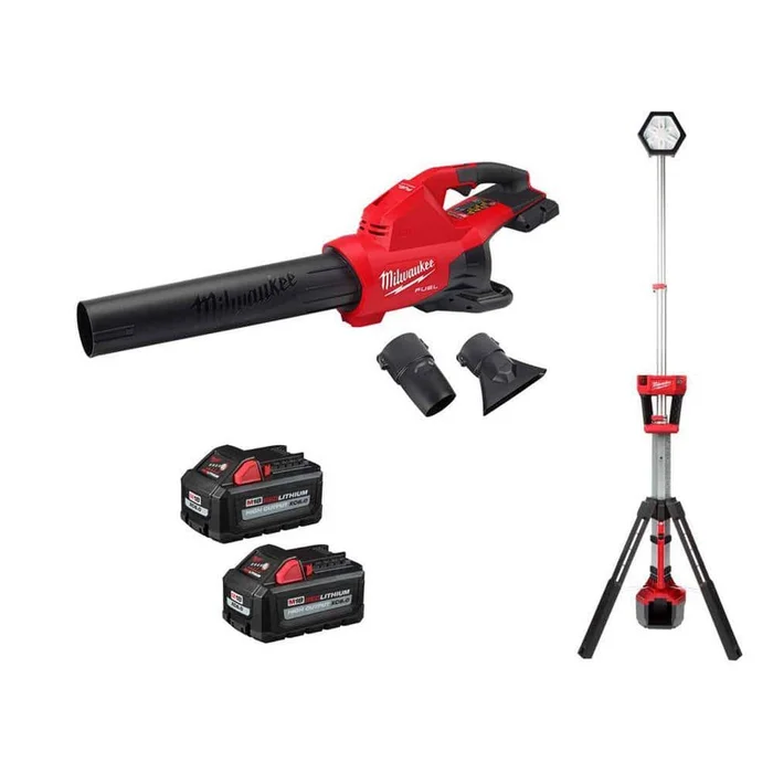 Milwaukee M18 FUEL Dual Battery 145 MPH 600 CFM 18V Brushless Cordless Blower w/Rocket Dual Power Tower Light, (2) 6.0 Ah Battery