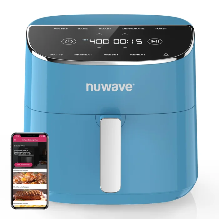 Nuwave Brio Plus Air Fryer 8 Qt, New & Improved, PFAS-FREE, 7 Digital One-Touch Cook Functions, Cozy Blue