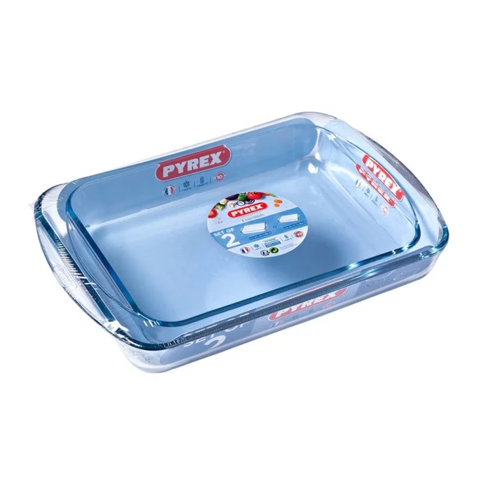 Pyrex Classic 2 Piece Rectangular Glass Baking Roasting Bake Roaster Dish Set