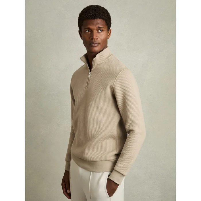 Reiss Ashby Half-Zip Funnel-Neck Jumper in Taupe