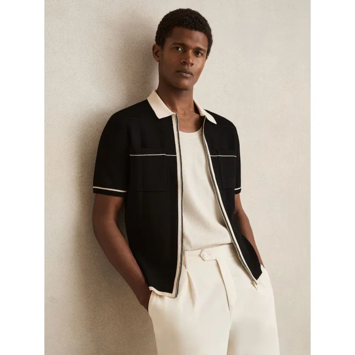 Reiss Baxter Compact-knit Tipped Zip-through Shirt In Black stone