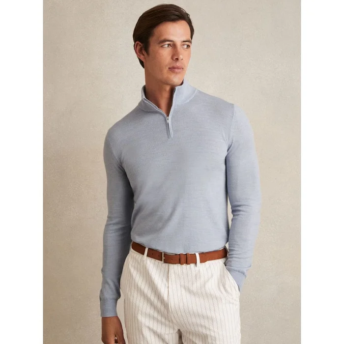Reiss Blackhall Merino Wool Half-Zip Jumper in Soft Blue