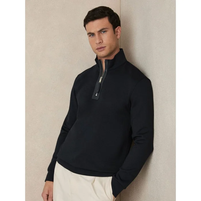 Reiss Hale Leather-Placket Interlock Sweatshirt in Navy Blue