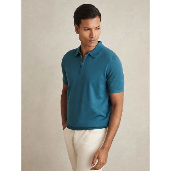 Reiss Maxwell Merino Wool Half-Zip Polo Shirt in Deep Teal Blue