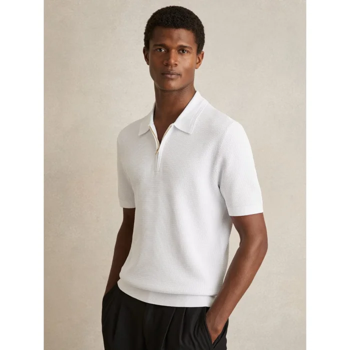 Reiss Textured Half-Zip Polo Shirt in White