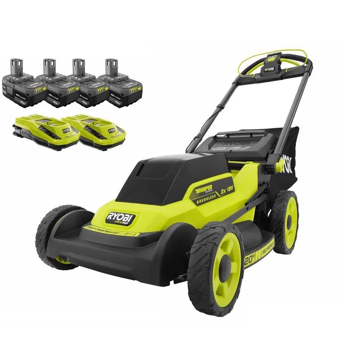 RYOBI P11100 ONE+ 18V HP Brushless Whisper Series 20″ Self-Propelled Dual Blade Walk Behind Mower-(4) 4.0 Batteries and (2) Chargers