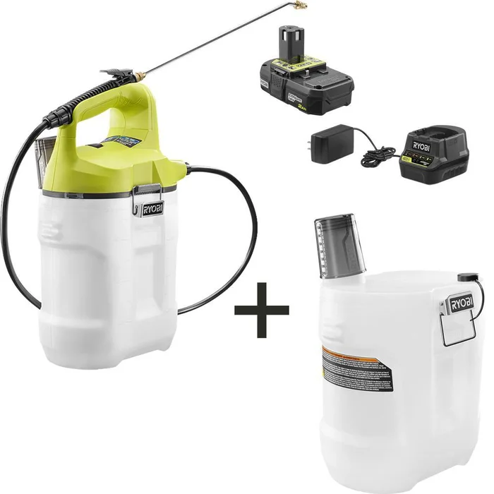 RYOBI P2830-AC2GAL ONE+ 18V Cordless Battery 2 Gal. Chemical Sprayer with Extra 2 Gal. Replacement Tank, 2.0 Ah Battery, and Charger