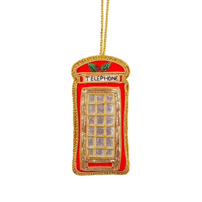 Sass & Belle Zari Embroidery Red Phone Box Christmas Tree Decoration