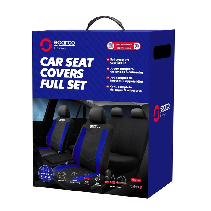 Sparco Cushioned / Padded Front and Rear Car Seat Cover in Blue 9 Piece