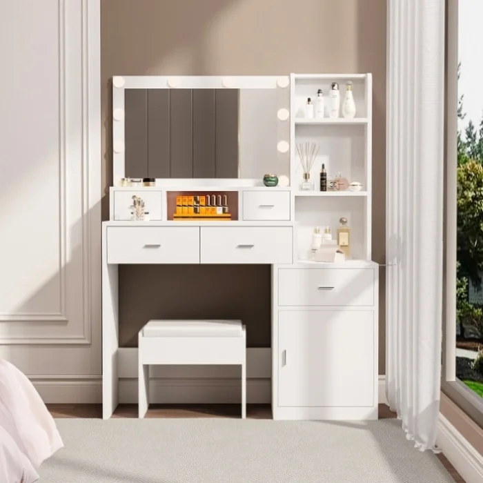 The white vanity with a mirror is equipped with a hair dryer rack, while the vanity in the bedroom GL-W1320P186705