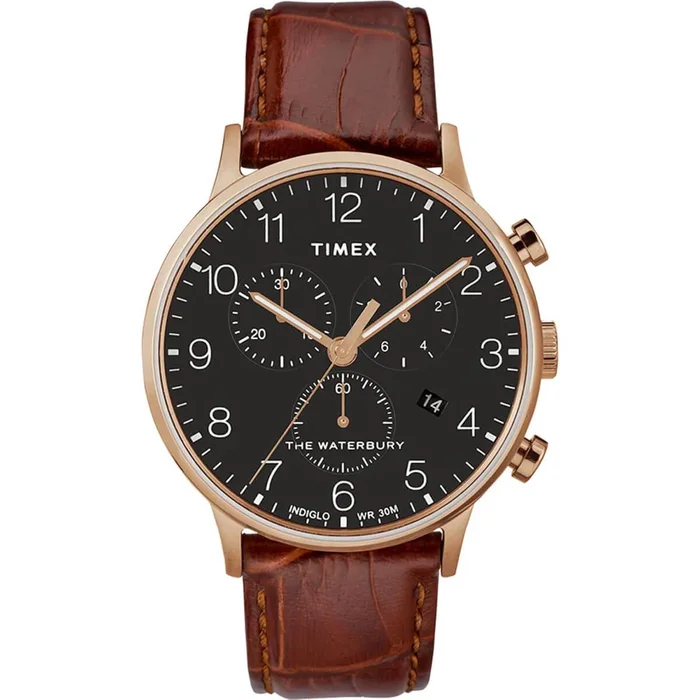 Timex Men’s Chronograph Watch – Waterbury Black Dial Brown Strap | TW2R71600VQ