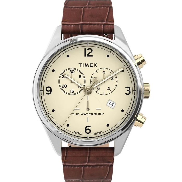 Timex Men’s Chronograph Watch – Waterbury Cream Dial Leather Strap | TW2U04500VQ