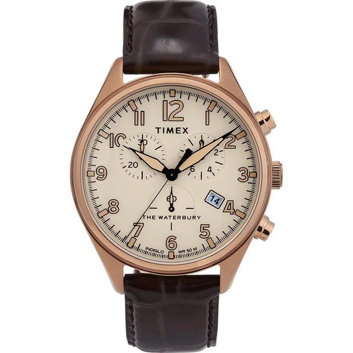Timex Men’s Quartz Watch – Waterbury Tan Dial Brown Leather Strap | TW2R88300