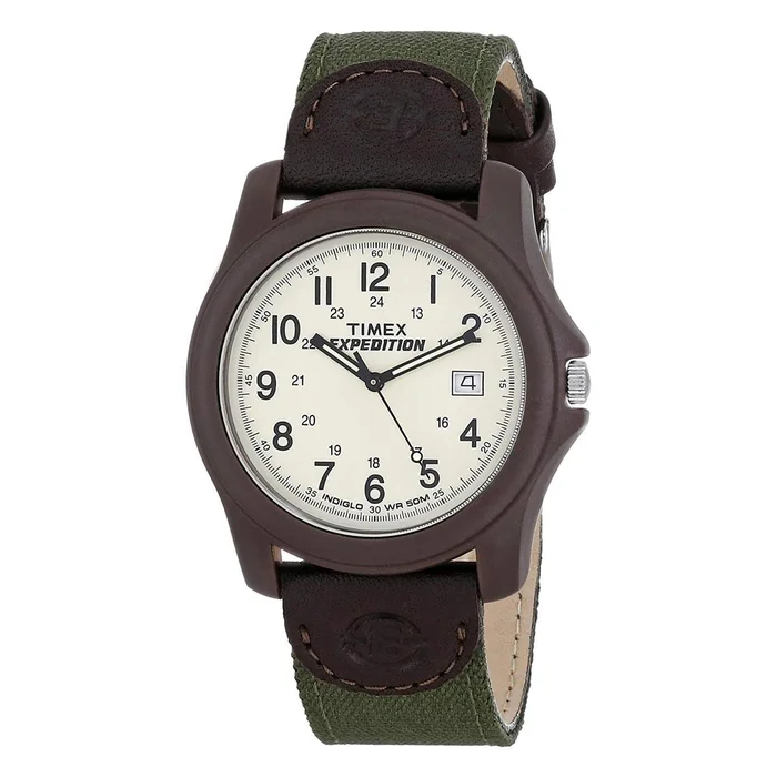 Timex Men’s Strap Watch – Expedition Camper Green Nylon & Brown Leather Beige Dial | T49101JV