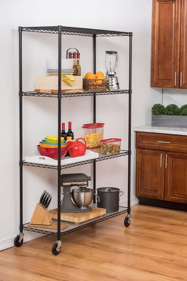 TRINITY 4-Tier Wire Shelving Rack, 48” x 18” x 72”, NSF, Includes Wheels and Liners, Black