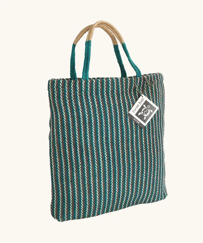 Turtle Bags Teal Striped Jute Bag