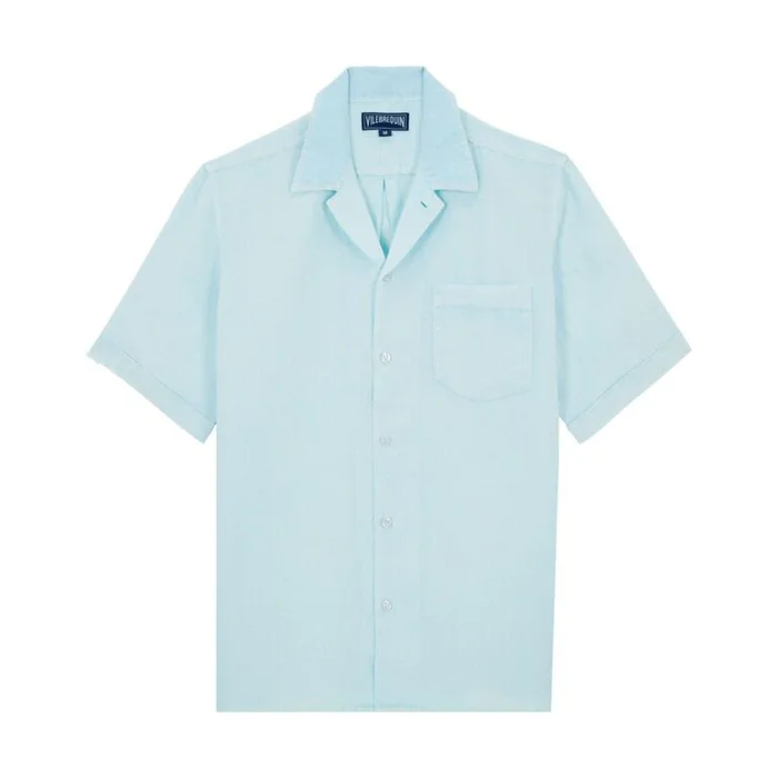 Vilebrequin Men Linen Bowling Shirt Solid in Blue