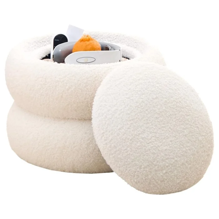 (原SKU08675722)Storage Ottoman, Round Teddy Velvet Footrest with Tray, Macaron-Shaped Stool, Modern 62629266