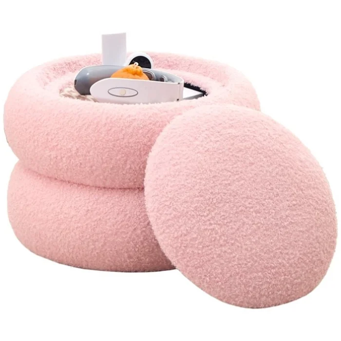 (原SKU34882147)Storage Ottoman, Round Teddy Velvet Footrest with Tray, Macaron-Shaped Stool, Modern 18955916